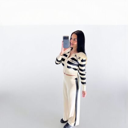 Ensemble de Détente Bicolore Style Marin – Gilet Zippé Court et Pantalon Large Fluide