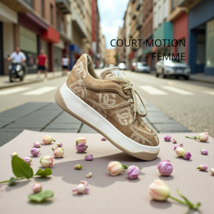 Baskets Basses Court Motion Femme – Toile Beige et Monogramme Naturel