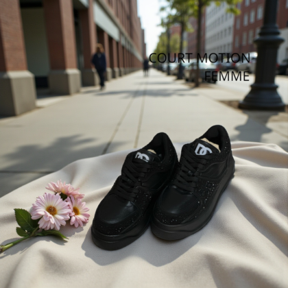 Baskets Basses Court Motion pour Femme – Noir Étincelant avec Détails Pailletés