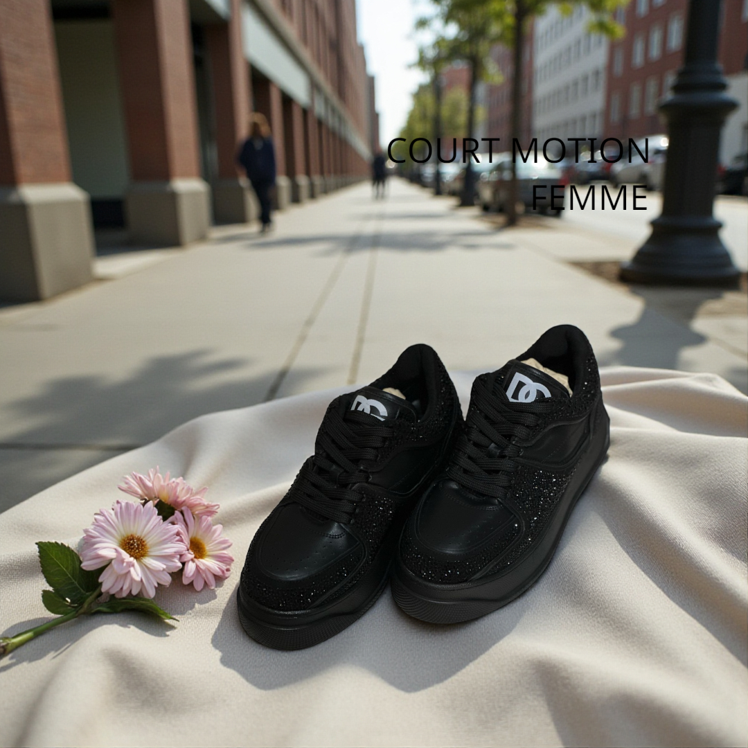 Baskets Basses Court Motion pour Femme – Noir Étincelant avec Détails Pailletés