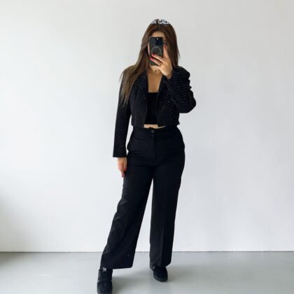 Ensemble de Soirée : Blazer Court Strassé et Pantalon Tailleur Large Noir
