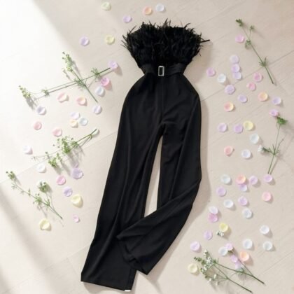 Combinaison Pantalon Noire de Soirée à Plumes et Taille Ceinturée
