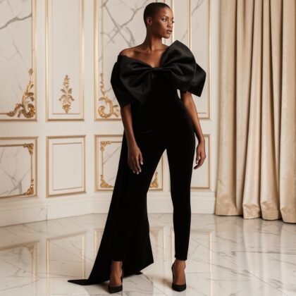 Combinaison de Soirée Noire avec Nœud Géant et Traîne