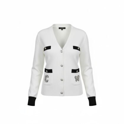 Gilet Blanc Contrasté à Boutons Bijoux et Détails Strass