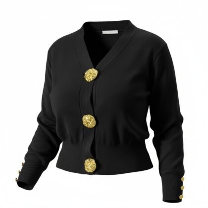 Gilet Court Noir à Col en V et Gros Boutons Bijoux Dorés Martelés