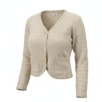 Gilet Court Beige en Maille Texturée avec Bordures Tressées