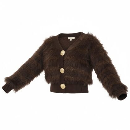 Gilet Court Marron en Maille Poilue et Lurex Doré