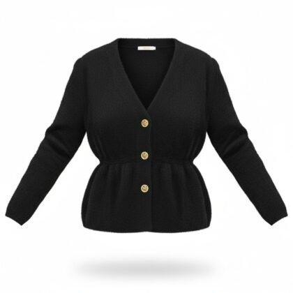 Veste Peplum en Maille Texturée Noire avec Boutons Bijoux Dorés