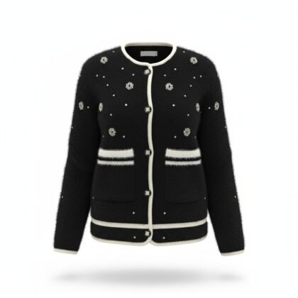 Pull Noir à Col Claudine Blanc & Boutons Bijoux | Chic & Graphique