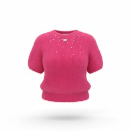 Pull Rose Fluffy à Manches Courtes et Détails Strass
