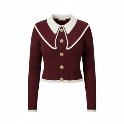 Cardigan Bordeaux à Grand Col Claudine Blanc | Style Rétro Chic