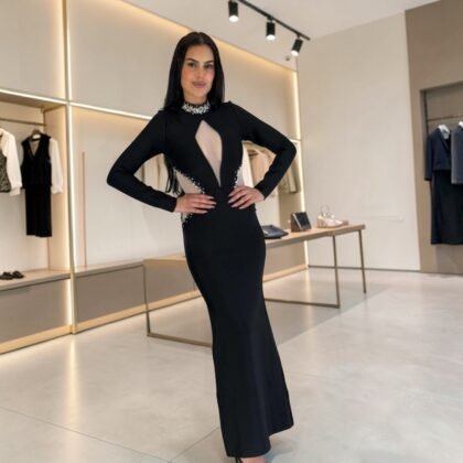 Robe de Soirée Sirène Noire à Col Bijou et Transparences