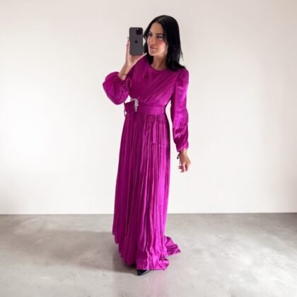 Robe Longue Plissée Fuchsia à Manches Bouffantes