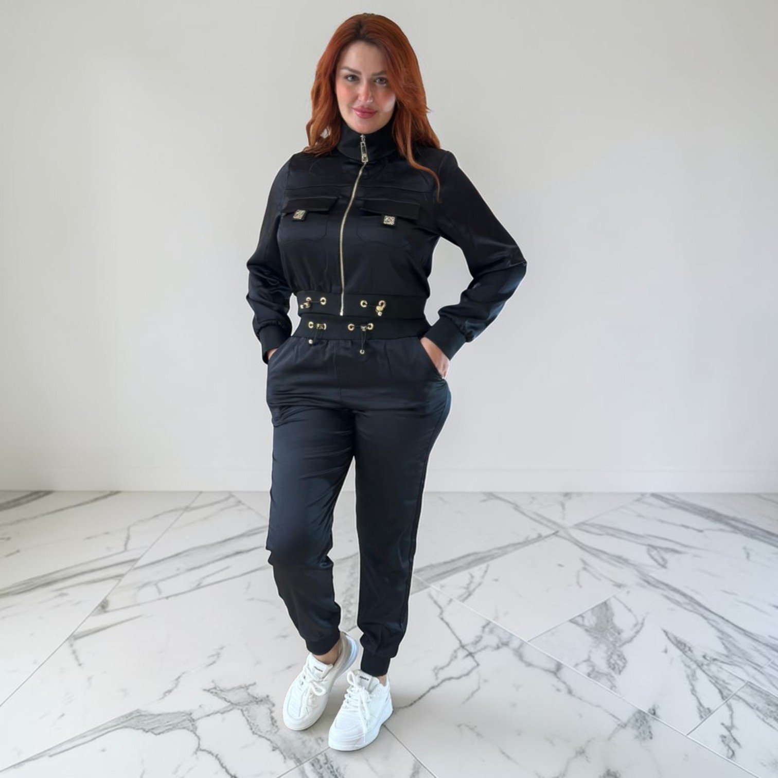 Ensemble Jumpsuit Satiné Noir "Gala Sport" – Style Cargo Chic