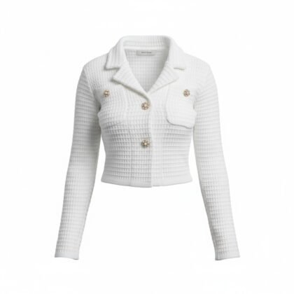 Veste Courte Blanche en Tweed à Boutons Bijoux Dorés | Chic & Élégante